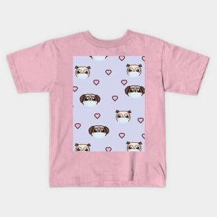 Cute Pugs Wearing Masks Pattern With Pink Hearts Shapes  Graphic illustrations Kids T-Shirt